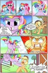 Size: 1800x2740 | Tagged: safe, artist:candyclumsy, artist:multi-commer, derpibooru import, applejack, pinkie pie, rainbow dash, oc, earth pony, hybrid, pegasus, pony, comic:the great big fusion, comic, fuse, fusion, fusion:rainbow cupcake, merging, pranked, scared, shocked, tackle, thunder, wtf, xk-class end-of-the-world scenario