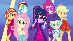 Size: 1920x1080 | Tagged: safe, screencap, applejack, fluttershy, pinkie pie, rainbow dash, rarity, sci-twi, sunset shimmer, twilight sparkle, better together, equestria girls, i'm on a yacht, humane five, humane seven, humane six, sleeveless