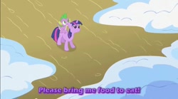 Size: 855x474 | Tagged: safe, derpibooru import, edit, edited screencap, screencap, twilight sparkle, unicorn twilight, dragon, pony, unicorn, winter wrap up, female, literal, male, mare, purple text, text, youtube link