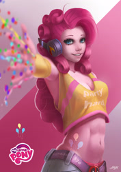 Size: 2480x3508 | Tagged: safe, artist:hunky-dory-artist, pinkie pie, human, abs, armpits, belly button, cleavage, clothes, deadpool, female, headphones, humanized, midriff, pony coloring, solo, sports bra