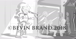 Size: 1280x665 | Tagged: safe, artist:bevin brand, sunset shimmer, equestria girls, background human, black and white, eyes closed, female, grayscale, guitar, microphone, monochrome, official fan art, smiling