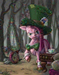 Size: 640x804 | Tagged: artist needed, source needed, safe, pinkie pie, earth pony, pony, deepdream, dream, mad hatter, pinkamena diane pie, solo, surreal