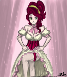 Size: 735x840 | Tagged: safe, artist:johnjoseco, color edit, edit, cherry jubilee, human, breasts, busty cherry jubilee, cleavage, clothes, colored, dress, female, garter, humanized, solo