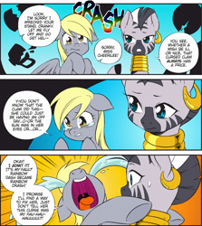 Size: 1464x1643 | Tagged: safe, artist:nekoshiei, color edit, edit, editor:anonycat, seven seas, derpy hooves, zecora, pegasus, pony, zebra, my little pony: the manga, colored, comic, cropped, crying, duo, female, implied rainbow dash, mare, ocular gushers, quadrupedal, uvula, volumetric mouth