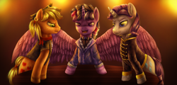 Size: 2768x1328 | Tagged: safe, artist:9de-light6, applejack, applejack (male), dusk shine, elusive, prince dusk, rarity, twilight sparkle, twilight sparkle (alicorn), alicorn, earth pony, pony, unicorn, a story told, clothes, danglars, mondego, monsparkle, plotting, rule 63, scheming, table, the count of monte cristo, villefort