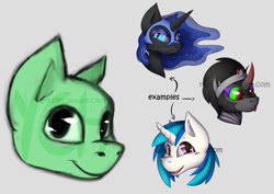 Size: 1416x1005 | Tagged: safe, artist:najti, derpibooru import, dj pon-3, king sombra, nightmare moon, vinyl scratch, oc, oc only, pony, unicorn, adorable face, bust, character, commission, cute, expression, gray background, head, looking at you, moon, moonabetes, nightmare, portrait, simple background, smiling, solo, sombra eyes, sombradorable, url, vinyl, vinylbetes, watermark, ych example, your character here