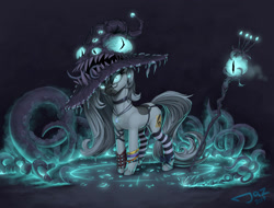 Size: 2000x1521 | Tagged: safe, artist:1jaz, derpibooru import, oc, oc only, oc:sassy response, earth pony, pony, body horror, bracelet, eldritch abomination, eyes do not belong there, garters, glasses, glowing eyes, hat, jewelry, leg warmers, magic, magic circle, monster mare, necklace, solo, staff, tentacles, witch, witch hat