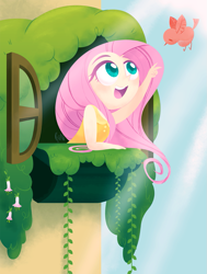 Size: 855x1131 | Tagged: safe, artist:ilianagatto, fluttershy, bird, human, filli vanilli, cute, fluttershy's cottage, happy, humanized, shyabetes, solo