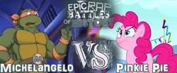 Size: 622x258 | Tagged: safe, pinkie pie, earth pony, pony, epic rap battles of history, female, mare, michelangelo, pink coat, pink mane, teenage mutant ninja turtles