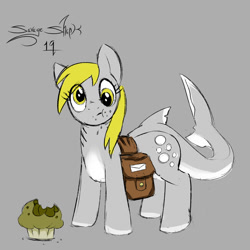 Size: 875x875 | Tagged: safe, artist:savageshark, derpy hooves, original species, shark, shark pony, :t, bag, crumbs, cute, derpabetes, eating, female, fin, food, grayscale, looking at you, monochrome, muffin, pale belly, saddle bag, sharkified, solo, species swap