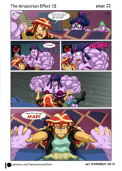 Size: 1697x2367 | Tagged: safe, artist:atariboy2600, artist:bluecarnationstudios, sci-twi, spike, spike the regular dog, sunset shimmer, twilight sparkle, dog, comic:the amazonian effect, comic:the amazonian effect iii, equestria girls, angry, bra, clothes, muscles, overdeveloped muscles, poets of the fall, purple underwear, red eyes, roar, twilight muscle, underwear, wrestling