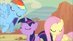 Size: 1669x941 | Tagged: safe, derpibooru import, screencap, fluttershy, rainbow dash, twilight sparkle, unicorn twilight, pegasus, pony, unicorn, the last roundup, eyes closed, female, flying, mare, smiling, trio