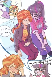 Size: 709x1049 | Tagged: safe, artist:yakieringi014, princess celestia, sci-twi, sunset shimmer, twilight sparkle, alicorn, pony, unicorn, better together, equestria girls, blushing, bracelet, clothes, embarrassed, female, glasses, jacket, jewelry, leather jacket, mare, shirt, sleeping