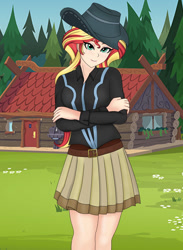 Size: 801x1095 | Tagged: safe, artist:anonix123, sunset shimmer, human, equestria girls, beautiful, belt, clothes, cowboy hat, cowgirl, crossed arms, cute, female, hat, humanized, shimmerbetes, skirt, smiling, solo, stetson