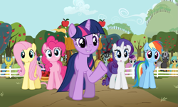 Size: 1351x817 | Tagged: safe, derpibooru import, screencap, bon bon, cherry berry, daisy, dark moon, dizzy twister, flower wishes, fluttershy, graphite, lemon hearts, neon lights, orange swirl, pinkie pie, rainbow dash, rarity, rising star, sunshower raindrops, sweetie drops, twilight sparkle, twinkleshine, unicorn twilight, earth pony, pegasus, pony, unicorn, the super speedy cider squeezy 6000, apple tree, cute, dashabetes, diapinkes, female, group, hooves, male, mane five, mare, raised, raised hoof, raribetes, shyabetes, smiling, stallion, tree, twiabetes