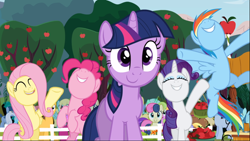 Size: 1668x939 | Tagged: safe, derpibooru import, screencap, bon bon, fluttershy, lyra heartstrings, pinkie pie, rainbow dash, rarity, sweetie drops, twilight sparkle, unicorn twilight, earth pony, pegasus, pony, unicorn, the super speedy cider squeezy 6000, apple tree, cheering, cute, eyes closed, female, flying, mare, nose in the air, smiling, tree, twiabetes
