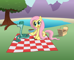 Size: 1024x836 | Tagged: safe, artist:rebron-y, fluttershy, pegasus, pony, snake, female, mare, picnic