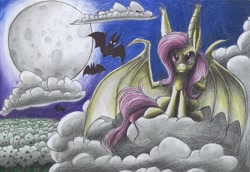 Size: 1024x705 | Tagged: safe, artist:kobra333, fluttershy, bat, cloud, cloudy, flutterbat, moon, traditional art