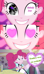 Size: 607x1024 | Tagged: safe, derpibooru import, edit, edited screencap, screencap, king sombra, pinkie pie, coinky-dink world, eqg summertime shorts, equestria girls, comic, discovery family logo, exploitable meme, heart eyes, meme, pinkie's eyes, shipper pie, vulgar, wingding eyes