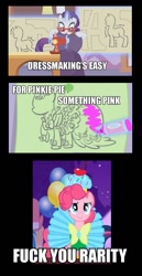 Size: 497x960 | Tagged: safe, pinkie pie, rarity, earth pony, pony, unicorn, art of the dress, clothes, dress, image macro, mannequin, vulgar