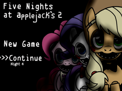 Size: 2048x1536 | Tagged: safe, applejack, pinkie pie, rarity, earth pony, pony, robot, unicorn, animatronic, applefreddy, creepy, five nights at aj's, five nights at aj's 2, main menu, solo, toy applefazjack, toy pinkica, toy raribon