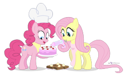 Size: 960x580 | Tagged: safe, artist:dm29, fluttershy, pinkie pie, earth pony, pegasus, pony, andrea libman, apron, baking, birthday cake, brownies, cake, chef's hat, clothes, duo, frosting, happy birthday, hat, simple background, transparent background, voice actor joke