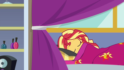 Size: 1280x720 | Tagged: safe, sunset shimmer, better together, choose your own ending, equestria girls, wake up!, bed, clothes, cute, pajamas, shimmerbetes, sleeping