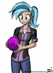 Size: 582x800 | Tagged: safe, artist:johnjoseco, artist:michos, allie way, human, bowling ball, derp, female, humanized, smiling, solo