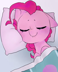 Size: 1290x1600 | Tagged: safe, artist:oouichi, pinkie pie, earth pony, pony, blanket, comfy, cute, diapinkes, ear fluff, eyes closed, floppy ears, pillow, resting, sleeping, solo