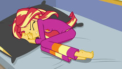 Size: 1280x720 | Tagged: safe, screencap, sunset shimmer, better together, choose your own ending, equestria girls, wake up!, wake up!: applejack, barefoot, clothes, curled toes, cyoa, feet, midriff, pajamas, sleepy, solo, toe curl