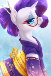 Size: 804x1181 | Tagged: safe, artist:konekonoarashi, rarity, pony, unicorn, alternate hairstyle, beautiful, clothes, cute, eyeshadow, female, glasses, kimono (clothing), lidded eyes, makeup, mare, profile, raribetes, smiling, solo