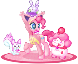 Size: 1272x1037 | Tagged: safe, artist:metax-z, pinkie pie, earth pony, pony, clothes, crossover, cupcake, goomy, hoodie, pachirisu, pokémon, shiny pokémon, skitty, slurpuff