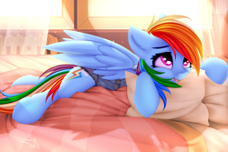 Size: 1497x1001 | Tagged: safe, artist:omi, derpibooru import, rainbow dash, pegasus, pony, adorasexy, backwards cutie mark, bed, clothes, cute, dashabetes, female, lingerie, lying down, mare, nightgown, on bed, open mouth, panties, pillow, prone, sexy, smiling, solo, stupid sexy rainbow dash, underwear