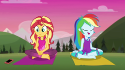 Size: 1280x720 | Tagged: safe, screencap, rainbow dash, sunset shimmer, better together, choose your own ending, equestria girls, wake up!, wake up!: rainbow dash, barefoot, clothes, crossed legs, cyoa, feet, geode of empathy, geode of super speed, magical geodes, meditating, pants, phone, sitting, sleeveless, tanktop, yoga, yoga mat, yoga pants