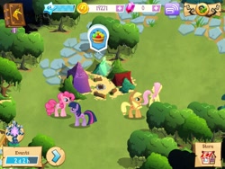 Size: 1024x768 | Tagged: safe, applejack, fluttershy, pinkie pie, twilight sparkle, earth pony, pegasus, pony, everfree forest, gameloft, mobile game