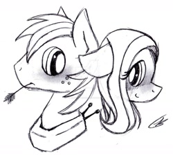 Size: 1280x1146 | Tagged: safe, artist:bracelet-wizard, big macintosh, fluttershy, pegasus, pony, blushing, female, fluttermac, male, monochrome, shipping, sketch, straight