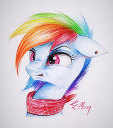 Size: 1024x1160 | Tagged: safe, artist:lailyren, artist:moonlight-ki, derpibooru import, rainbow dash, pegasus, pony, clothes, colored pencil drawing, disgusted, ear piercing, piercing, reaction image, scarf, traditional art