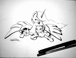 Size: 1048x800 | Tagged: safe, artist:upsidedownpanda, princess celestia, rarity, alicorn, pony, unicorn, foal, ink drawing, monochrome, next generation, traditional art