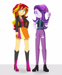 Size: 2500x3000 | Tagged: safe, artist:biocrine, starlight glimmer, sunset shimmer, equestria girls, beanie, hat, smiling