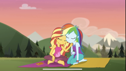 Size: 1469x828 | Tagged: safe, screencap, rainbow dash, sunset shimmer, better together, choose your own ending, equestria girls, wake up!, wake up!: rainbow dash, barefoot, choose rainbow dash, clothes, cute, cyoa, dashabetes, feet, geode of empathy, geode of super speed, magical geodes, shimmerbetes, shipping fuel, sleeveless, tanktop