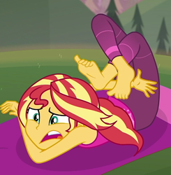Size: 636x650 | Tagged: safe, screencap, sunset shimmer, equestria girls, equestria girls series, wake up!, wake up!: rainbow dash, spoiler:choose your own ending (season 2), spoiler:eqg series (season 2), animation error, barefoot, clothes, cropped, cyoa, feet, horse on a bike, pants, phone, sleeveless, spread toes, tangled up, tanktop, update, yoga, yoga mat, yoga pants