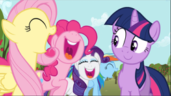 Size: 1669x940 | Tagged: safe, derpibooru import, screencap, fluttershy, pinkie pie, rainbow dash, rarity, twilight sparkle, unicorn twilight, earth pony, pegasus, pony, unicorn, the super speedy cider squeezy 6000, apple tree, cheering, female, group, line-up, mane five, mare, open mouth, smiling, tree