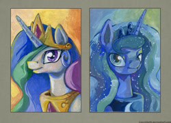 Size: 1392x1000 | Tagged: safe, artist:lexx2dot0, princess celestia, princess luna, alicorn, pony, bust, gouache, portrait, royal sisters, traditional art