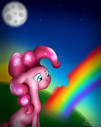 Size: 1200x1500 | Tagged: safe, artist:terezas474747, pinkie pie, earth pony, pony, bite mark, moon, rainbow, solo