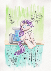 Size: 1024x1429 | Tagged: safe, artist:reptilianbirds, rarity, pony, unicorn, doll, solo, thread, toy, voodoo doll, watermark