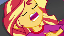 Size: 1280x720 | Tagged: safe, screencap, sunset shimmer, better together, choose your own ending, equestria girls, wake up!, drool, majestic as fuck, sleeping, solo