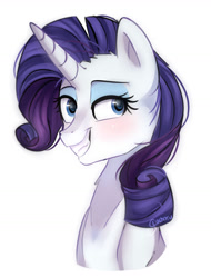 Size: 1024x1345 | Tagged: safe, artist:slasharu, rarity, pony, unicorn, blushing, bust, grin, portrait, simple background, smiling, solo, white background