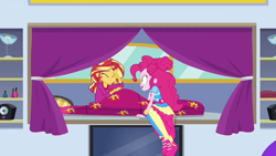 Size: 1280x720 | Tagged: safe, screencap, pinkie pie, sunset shimmer, better together, choose your own ending, equestria girls, wake up!, wake up!: pinkie pie, shoes, sleeping, sneakers