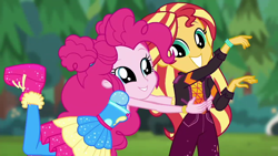 Size: 1280x720 | Tagged: safe, screencap, pinkie pie, sunset shimmer, better together, choose your own ending, equestria girls, wake up!, wake up!: pinkie pie, dilated pupils, hug, shoes, sneakers, sugar rush