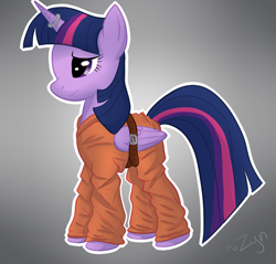 Size: 1024x978 | Tagged: safe, artist:zynnekrai, derpibooru import, twilight sparkle, twilight sparkle (alicorn), alicorn, pony, belt, bound wings, clothes, female, horn ring, magic suppression, mare, prison outfit, prisoner, prisoner ts, solo